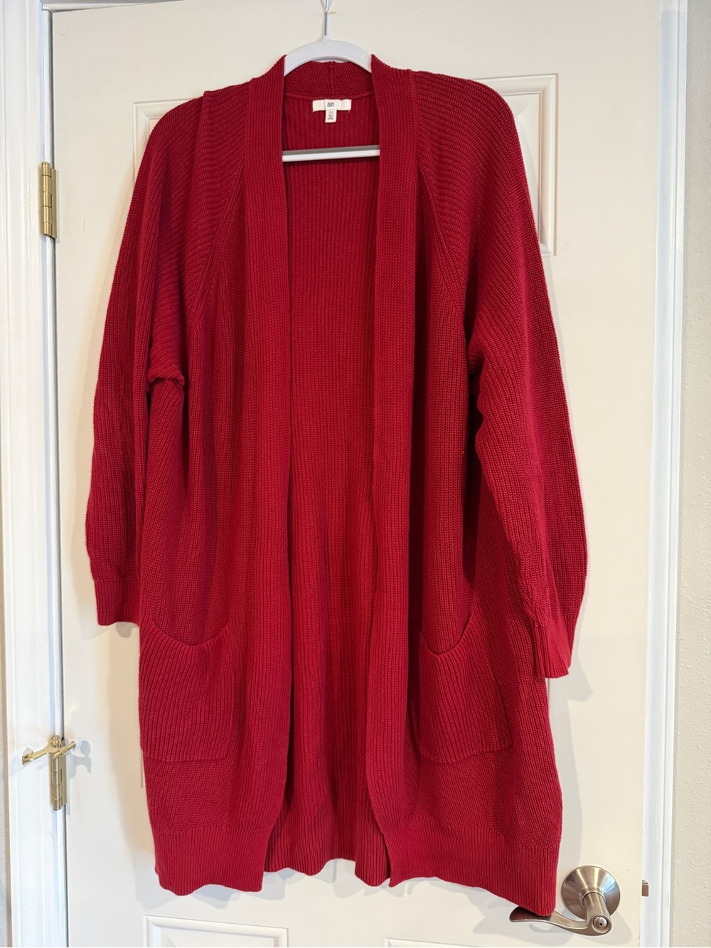bp Red Open-Front Long Knit Cardigan with Pockets